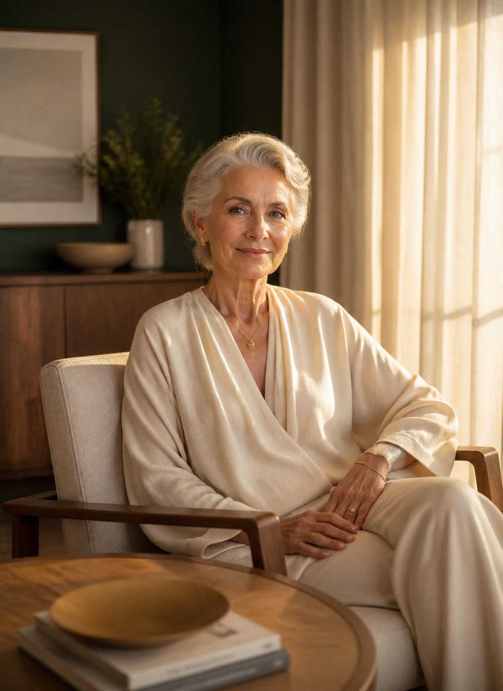 A resident seated in golden-hour light in a private residence lounge