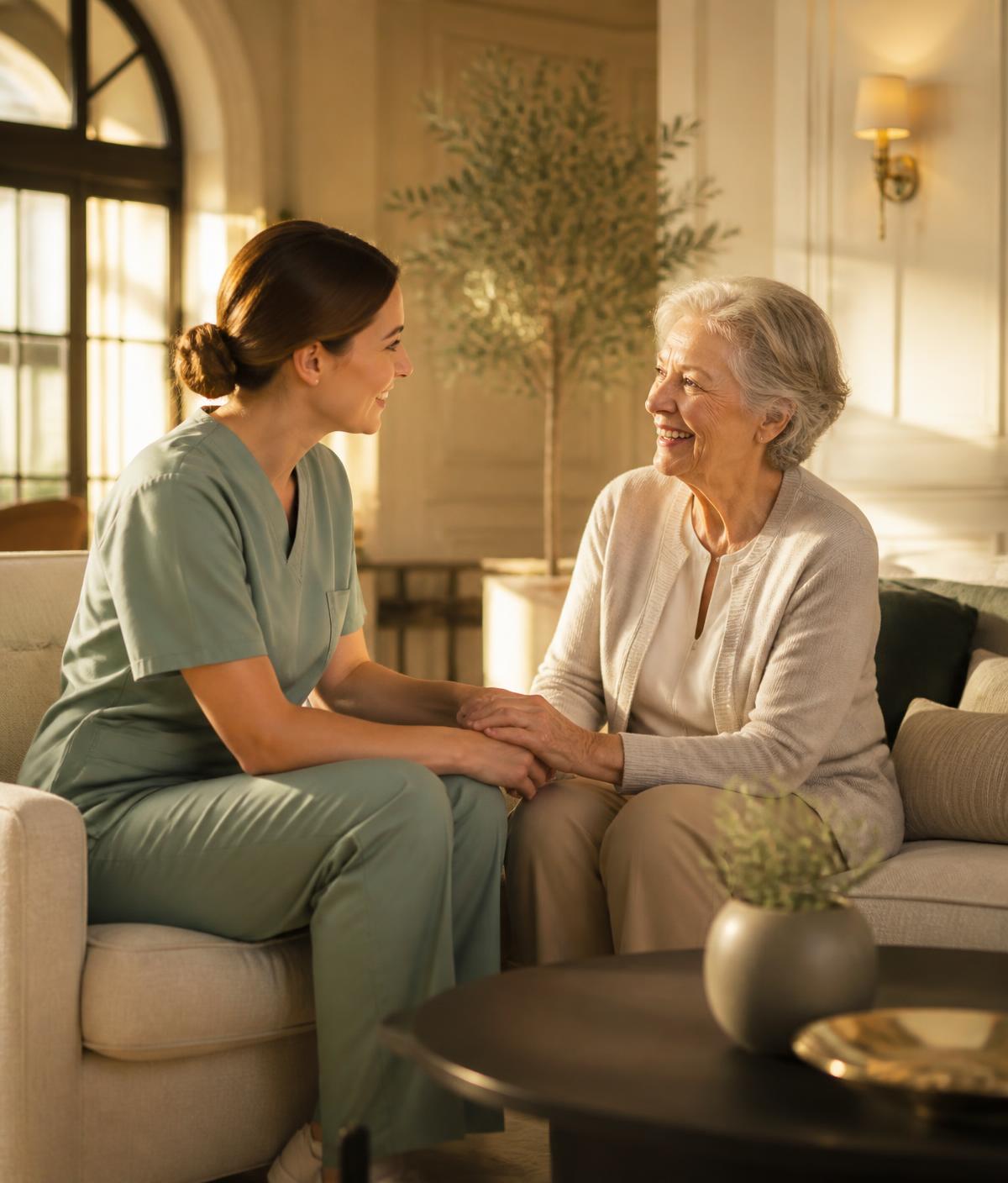 A caregiver sitting with a resident in a sunlit assisted living lounge, holding hands mid-conversation