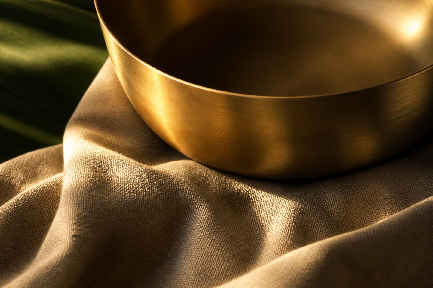 Brushed brass vessel resting on linen in warm light